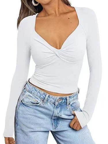 Top Femme – Col V – Coupe Slim – Manches Longues – Court à Détail Twist