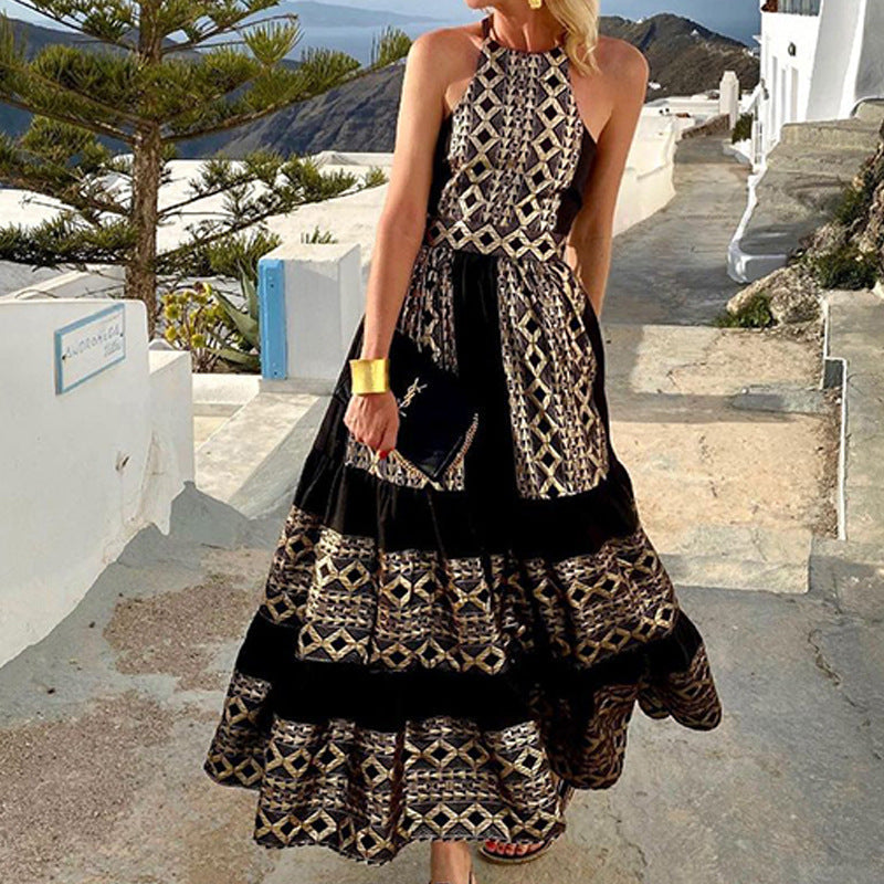 Robe femme longue off-shoulder – Motif géométrique – Tissu léger – Coupe fluide