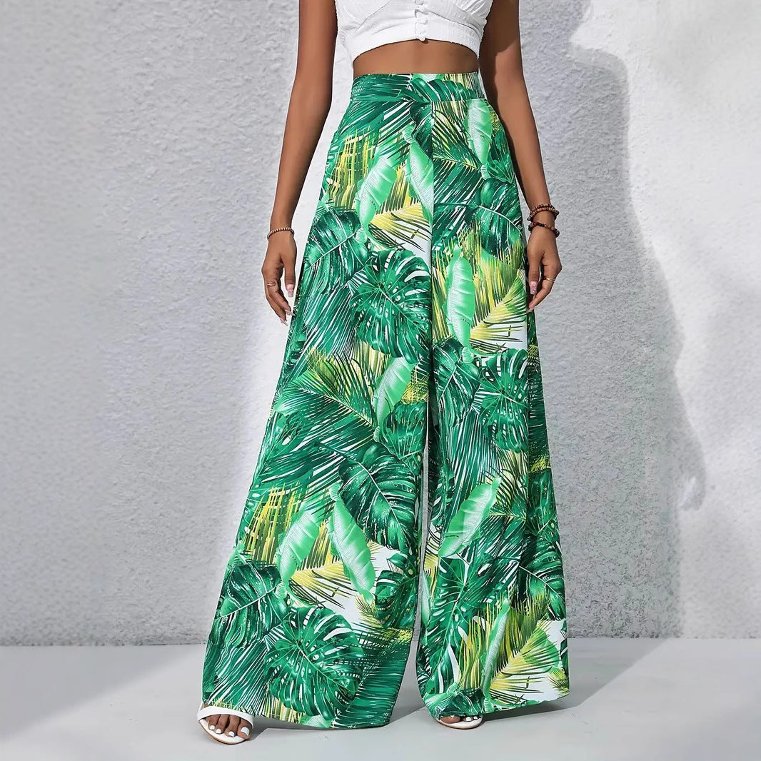 Pantalon large femme – Taille haute – Tissu léger – Imprimé floral intégral
