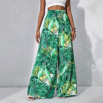 Pantalon large femme – Taille haute – Tissu léger – Imprimé floral intégral