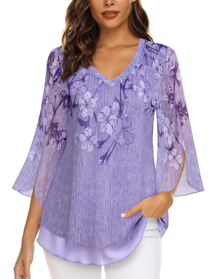 Blouse femme – Coupe fluide – Tissu léger respirant – Col en V – Manches évasées 3/4