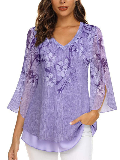 Blouse femme – Coupe fluide – Tissu léger respirant – Col en V – Manches évasées 3/4