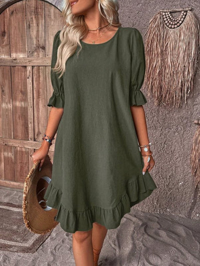 Robe midi femme – Coupe fluide – Manches volantées – Ourlet à volants – Tissu respirant