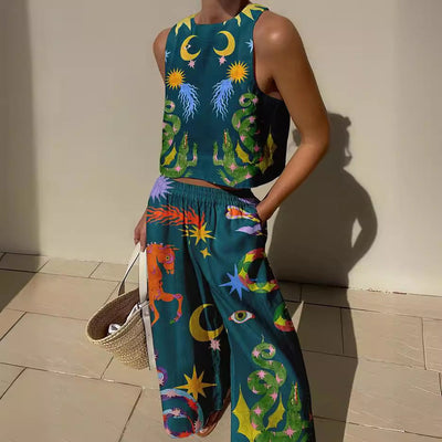 Top court sans manches femme – Coupe décontractée – Motifs imprimés audacieux – Fibres naturelles