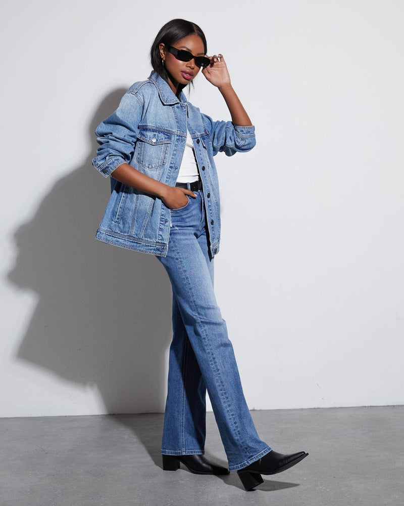 Jean large femme – Taille haute – Coupe ample – Ourlet effiloché – Longueur au sol