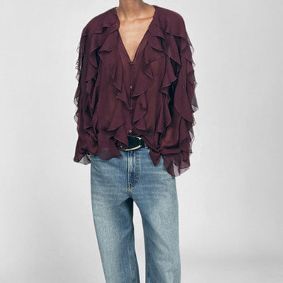 Blouse Femme – Tissu Léger Respirant – Col V – Coupe Ample – Volants Superposés – Manches Longues
