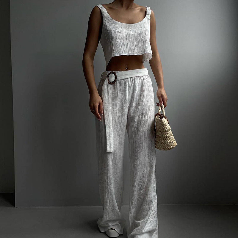 Ensemble Femme Deux Pièces – Haut Court et Pantalon Large – Tissu Respirant Fluide