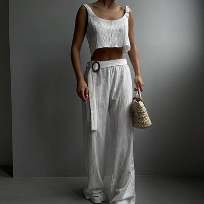 Ensemble Femme Deux Pièces – Haut Court et Pantalon Large – Tissu Respirant Fluide
