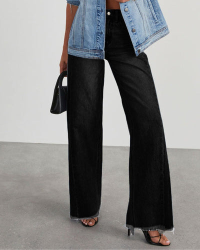 Jean large femme – Taille haute – Coupe ample – Ourlet effiloché – Longueur au sol