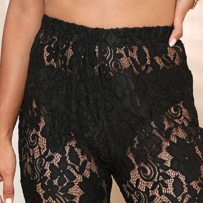 Pantalon évasé femme – Dentelle florale transparente – Taille élastique – Longueur cheville