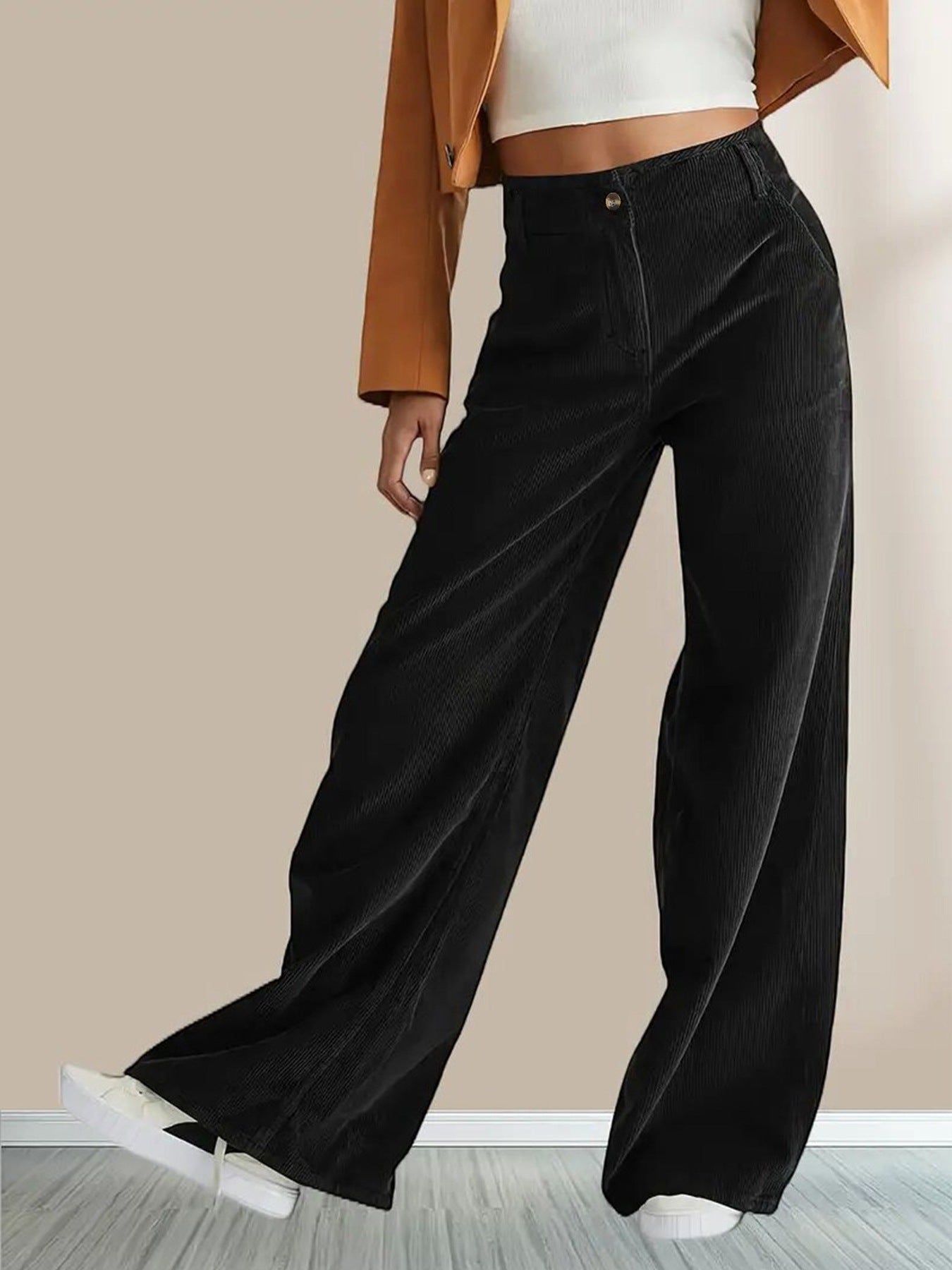 Pantalon Femme – Coupe Droite Taille Haute – Velours Côtelé – Longueur Cheville