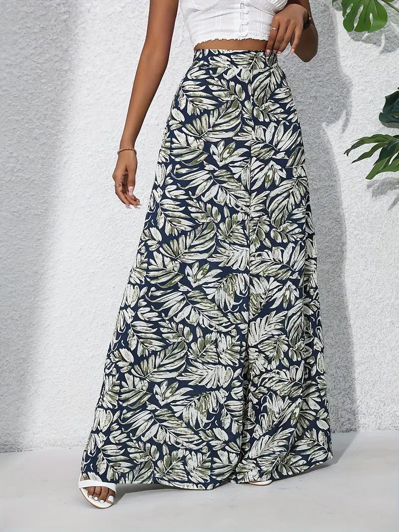 Pantalon large femme – Taille haute – Tissu léger respirant – Imprimé fleuri