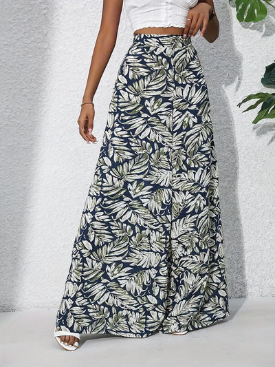 Pantalon large femme – Taille haute – Tissu léger – Imprimé floral intégral
