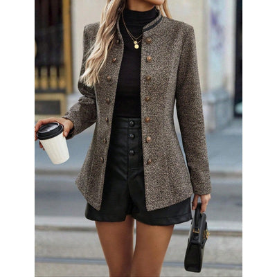 Manteau long femme – Coupe cintrée – Tissu chaud effet laine – Col montant – Double boutonnage