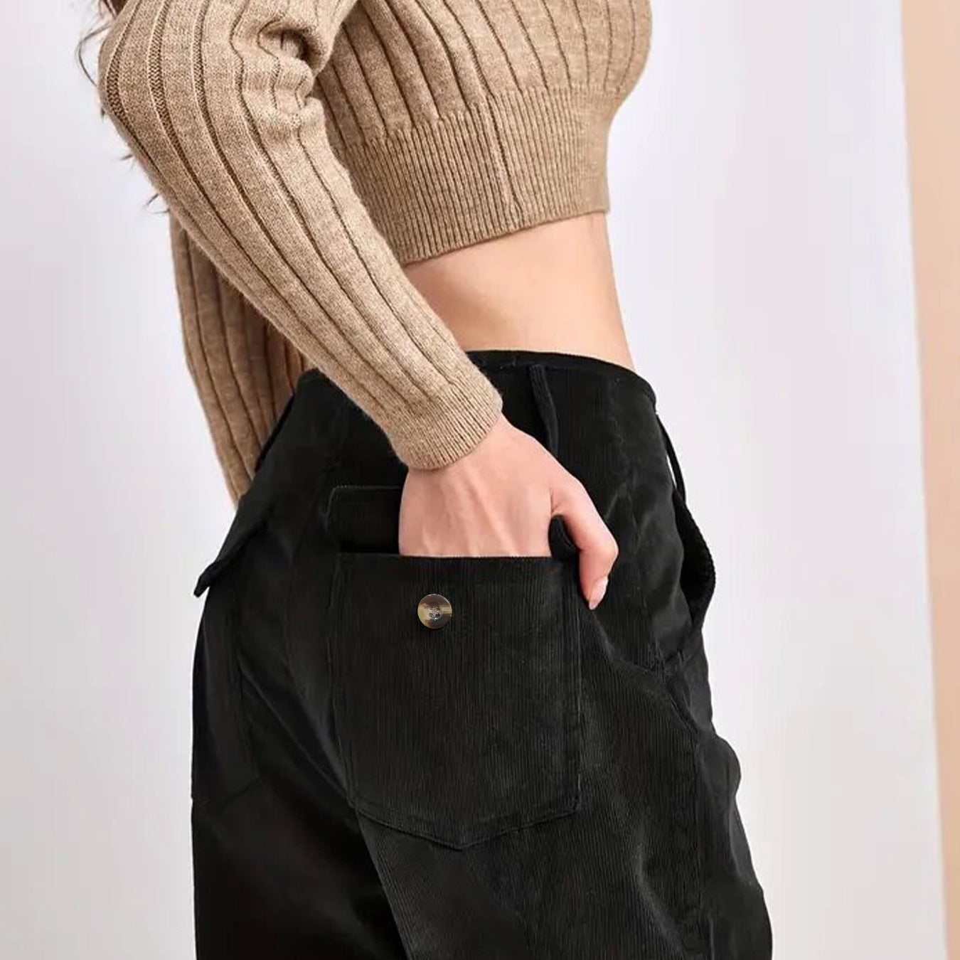 Pantalon Femme – Coupe Droite Taille Haute – Velours Côtelé – Longueur Cheville