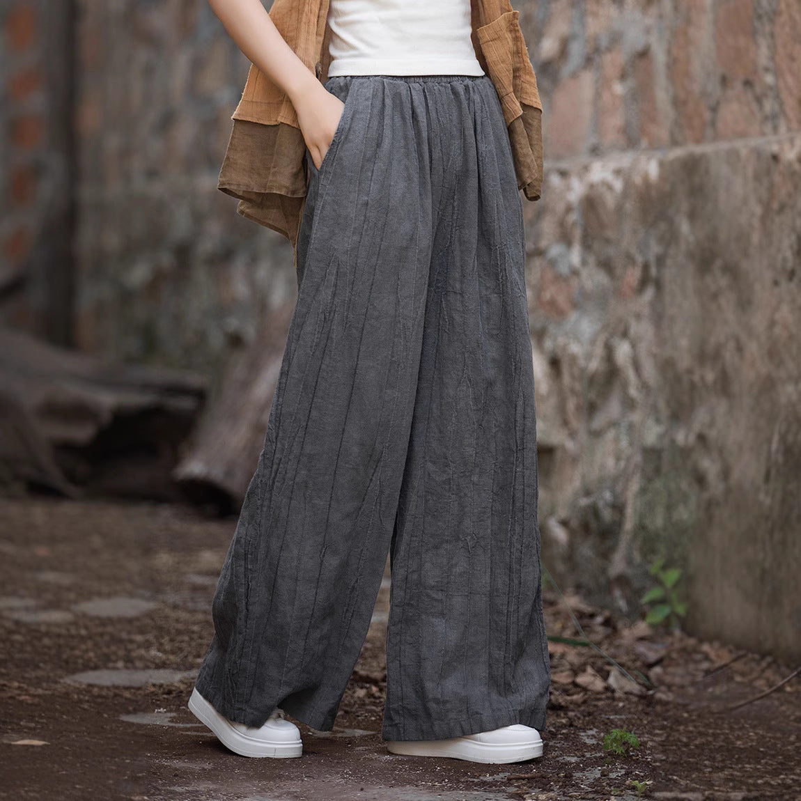 Pantalon large femme – Taille haute – Tissu respirant – Coupe ample fluide