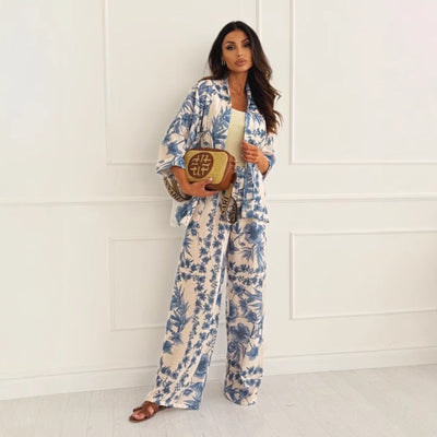 Ensemble Femme – Kimono Décontracté à Imprimé Floral – Pantalon Large Taille Haute