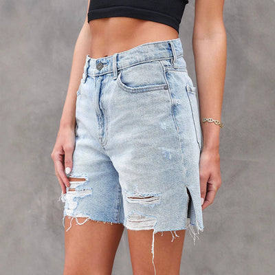 Short en jean femme – Coupe décontractée – Détails usés – Fentes latérales – Longueur genou
