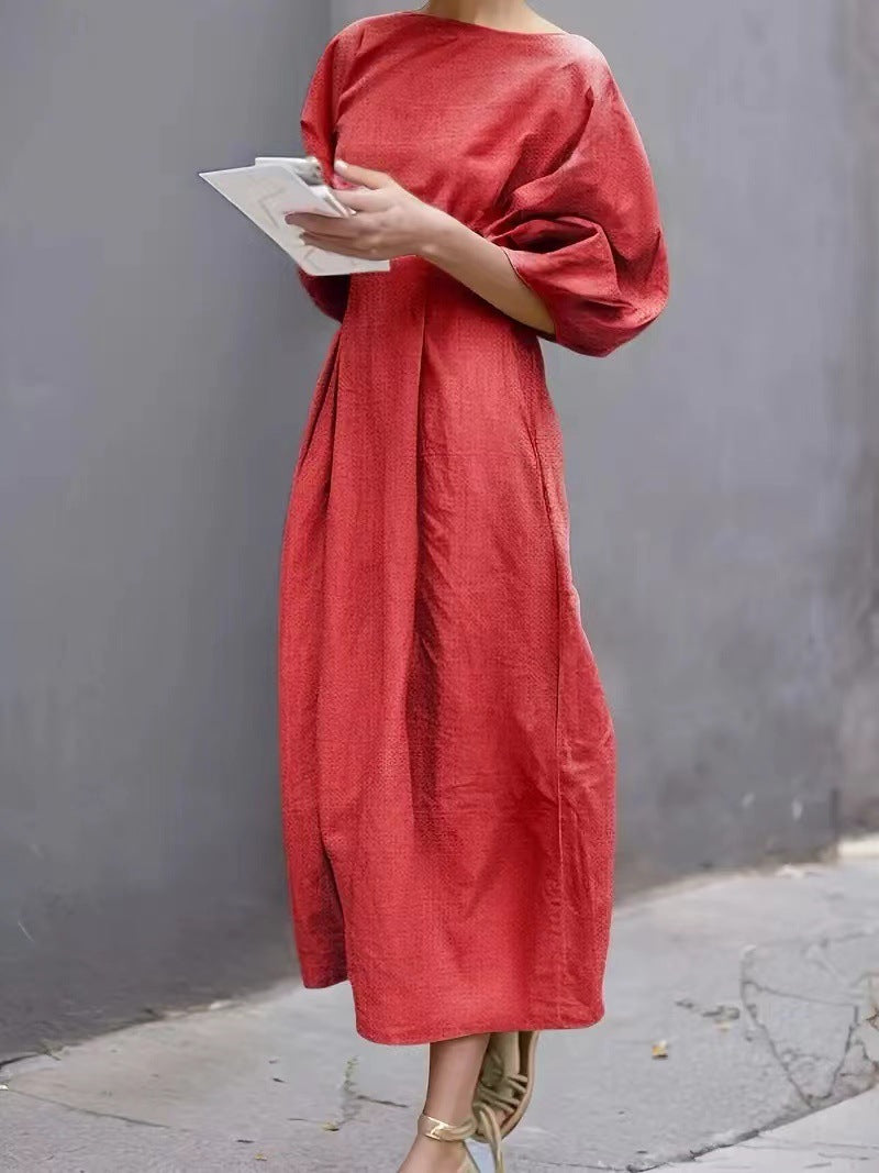 Robe longue femme – Coupe ample – Manches bouffantes – Tissu respirant – Col rond