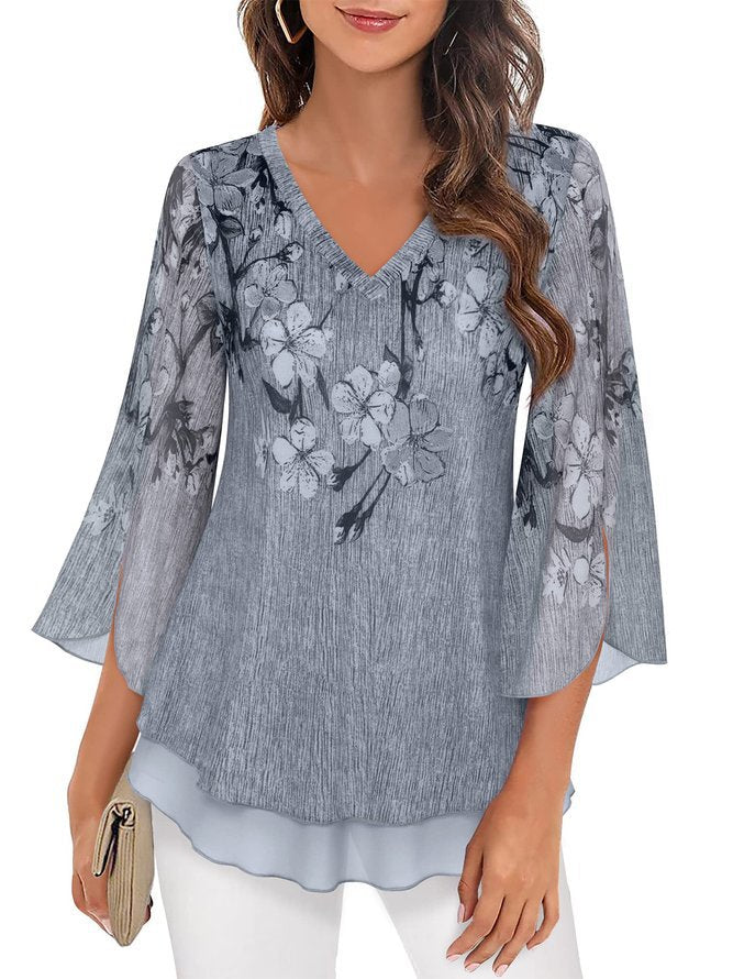 Blouse femme – Coupe fluide – Tissu léger respirant – Col en V – Manches évasées 3/4