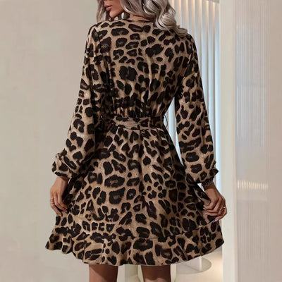 Robe midi portefeuille femme – Tissu fluide brillant – Manches ballon – Imprimé léopard