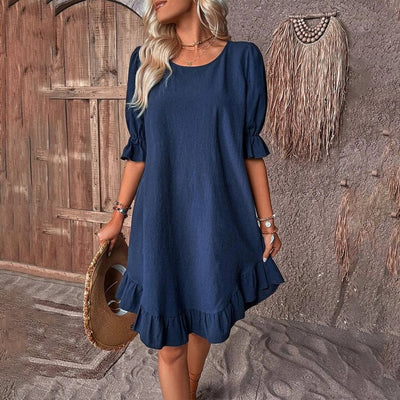 Robe midi femme – Coupe fluide – Manches volantées – Ourlet à volants – Tissu respirant