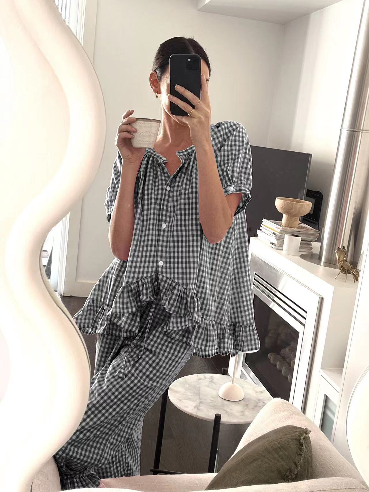 Ensemble femme chemise pantalon – coupe décontractée – imprimé à carreaux – tissu respirant