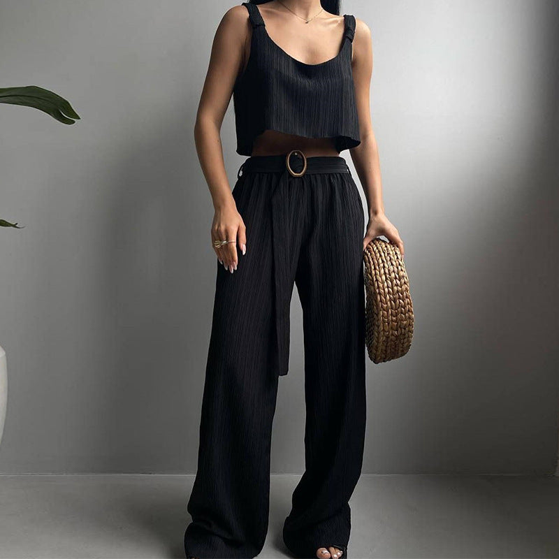 Ensemble Femme – Haut Court et Pantalon Large Taille Haute – Tissu Respirant Fluide