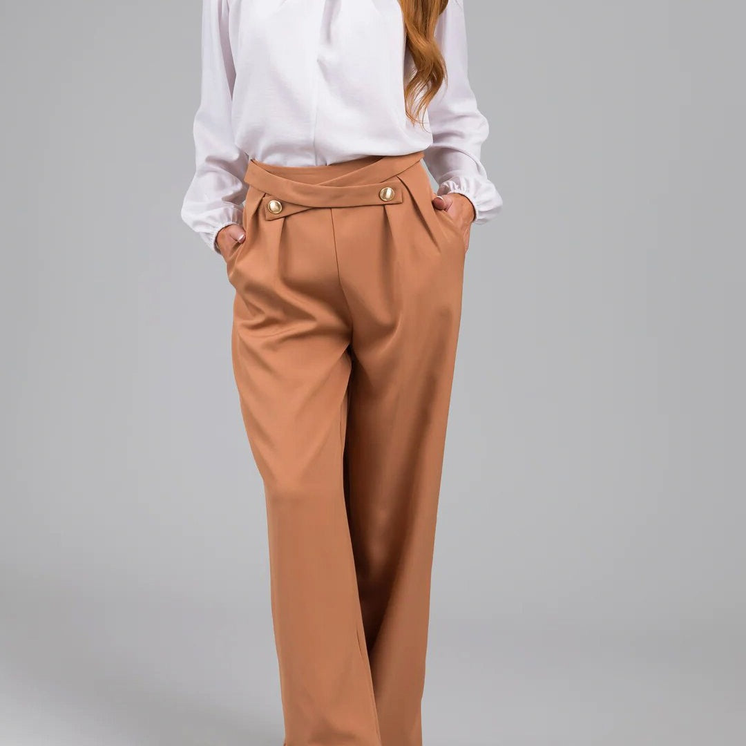 Pantalon femme large – Taille haute – Boutons décoratifs – Coupe fluide longue