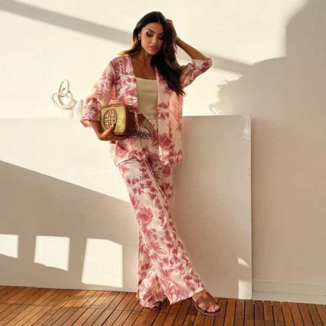 Ensemble Femme – Kimono Décontracté à Imprimé Floral – Pantalon Large Taille Haute