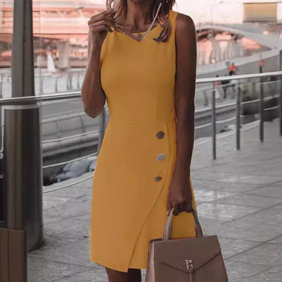 Robe femme sans manches – Coupe slim – Col montant – Boutons décoratifs – Mini élégante
