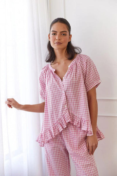 Ensemble femme chemise pantalon – coupe décontractée – imprimé à carreaux – tissu respirant