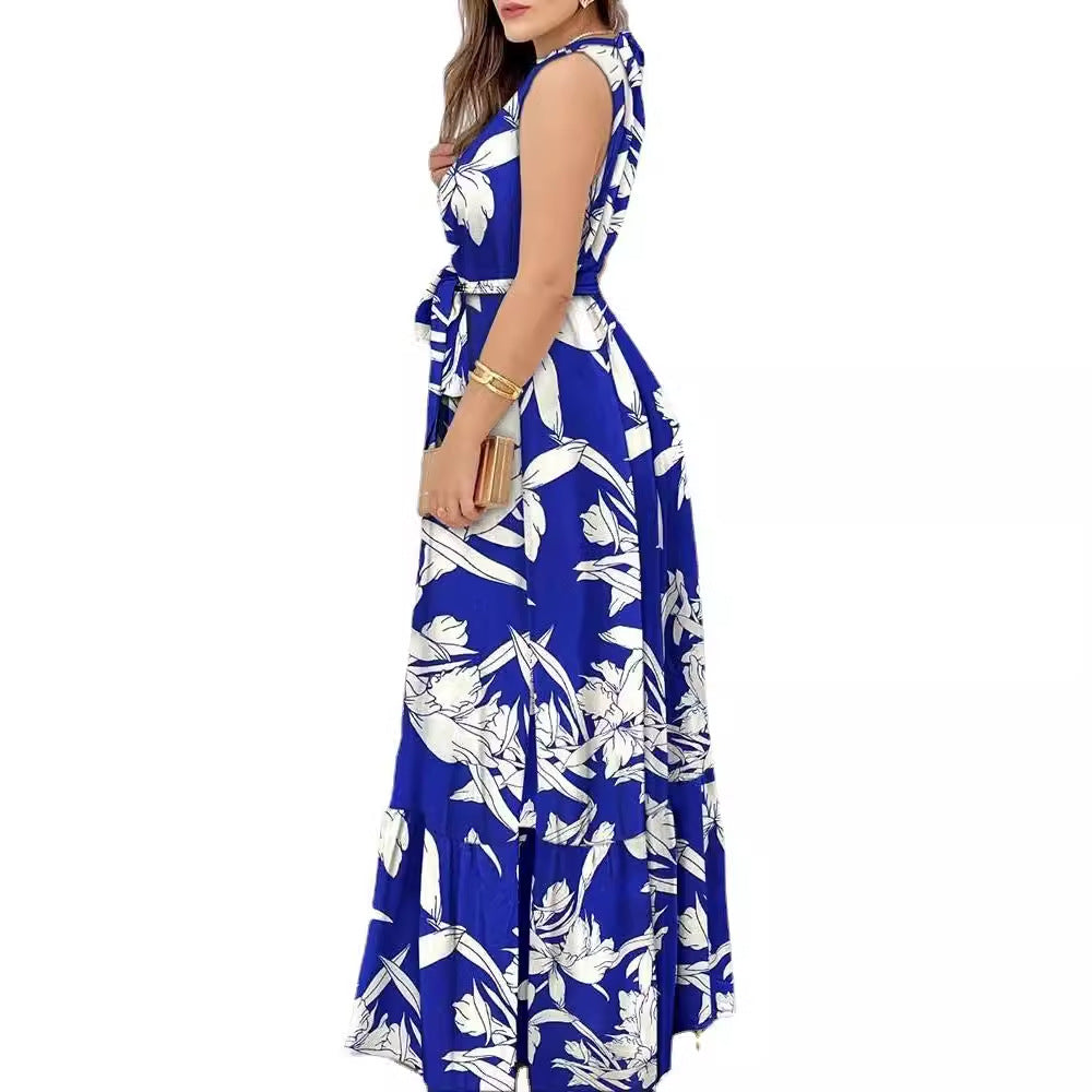 Robe longue femme à col halter – Imprimé floral – Taille ceinturée – Tissu fluide