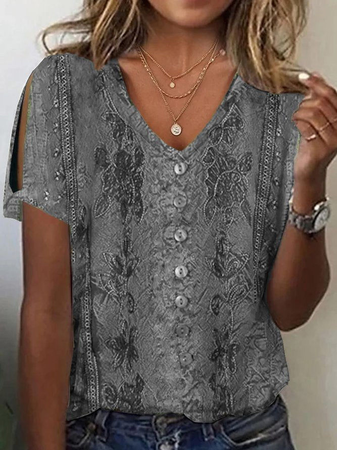 Blouse femme – Coupe ample – Décolleté V – Tissu respirant – Style bohème brodé