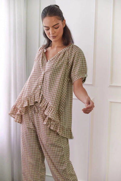 Ensemble femme chemise pantalon – coupe décontractée – imprimé à carreaux – tissu respirant