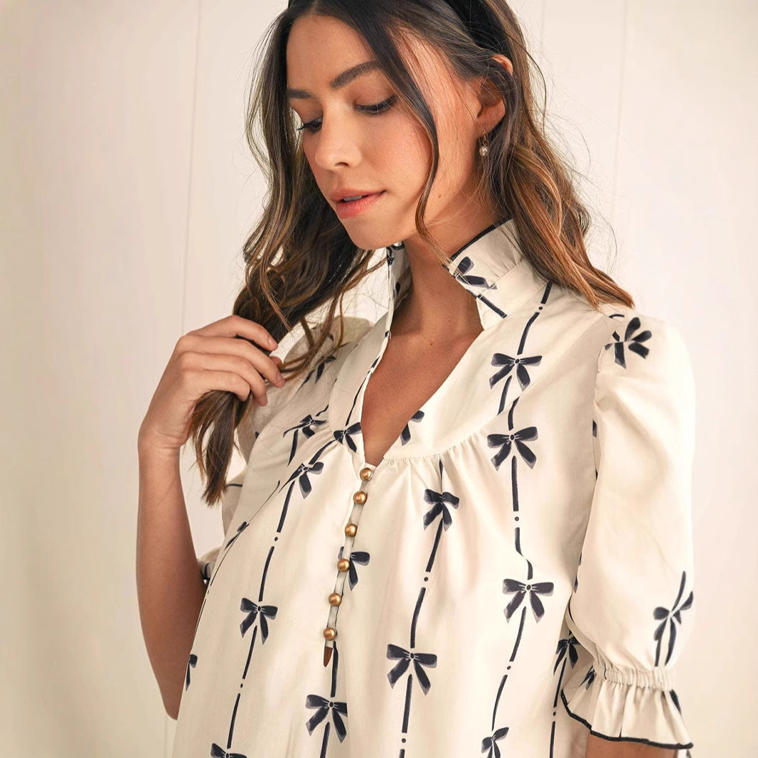 Robe Trapèze Femme – Fibres Naturelles – Manches Bouffantes – Motif Nœud – Col V