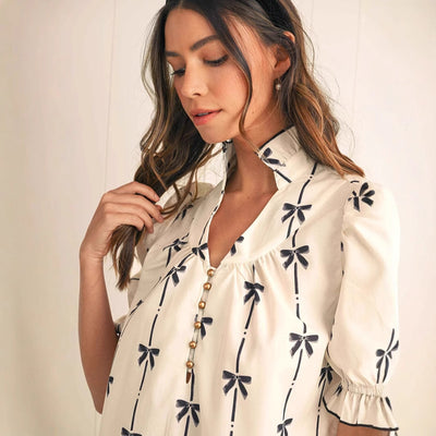 Robe trapèze femme – Manches bouffantes – Fibre naturelle – Motif nœud – Courte