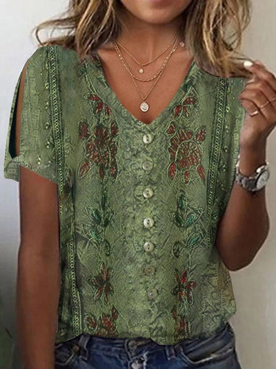Blouse femme – Coupe ample – Décolleté V – Tissu respirant – Style bohème brodé