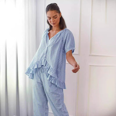 Ensemble femme chemise pantalon – coupe décontractée – imprimé à carreaux – tissu respirant