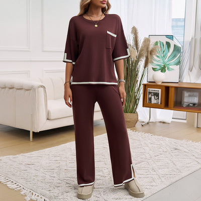 Ensemble Lounge Femme – Maille Douce – Coupe Ample – Pantalon Jambe Large – Finitions Contrastées