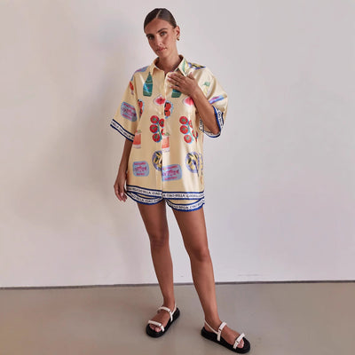 Ensemble de détente femme – Tissu satiné doux – Coupe ample – Chemise manches courtes et short à cordon