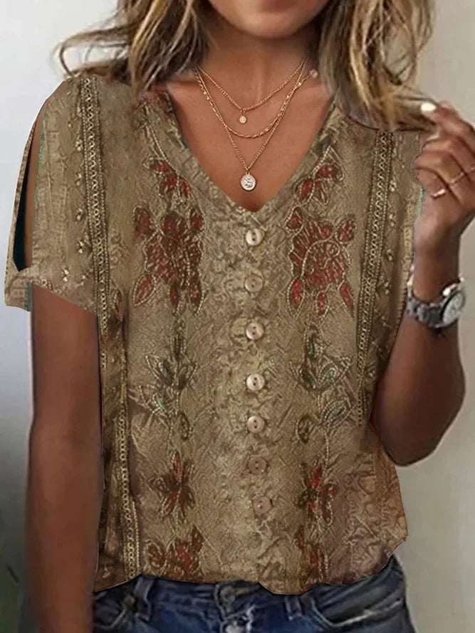 Blouse femme – Coupe ample – Décolleté V – Tissu respirant – Style bohème brodé