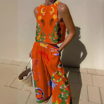 Top court sans manches femme – Coupe décontractée – Motifs imprimés audacieux – Fibres naturelles