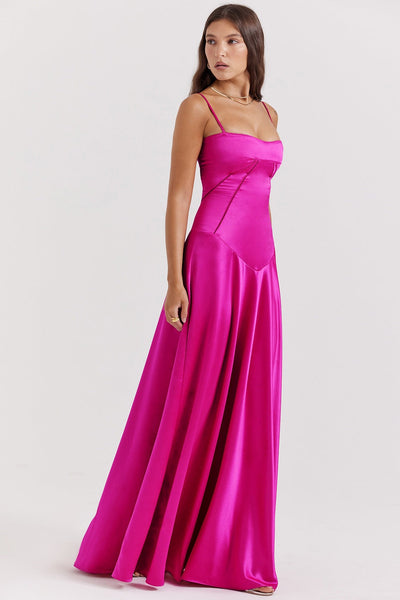 Robe de soirée femme – Coupe évasée longue – Bretelles fines – Taille ajourée