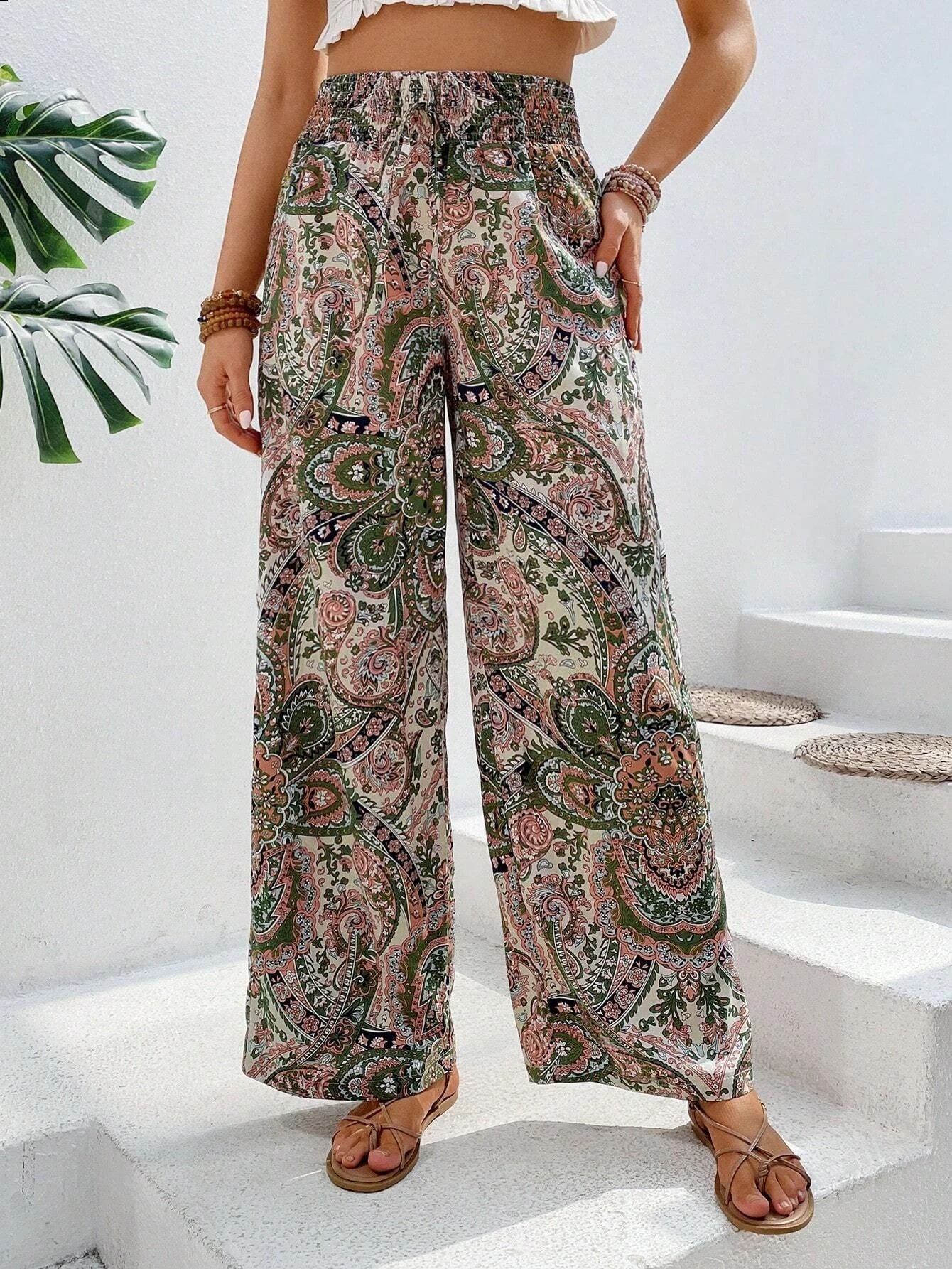 Pantalon Femme Large – Taille Élastique – Tissu Respirant – Coupe Décontractée – Imprimé Bohème