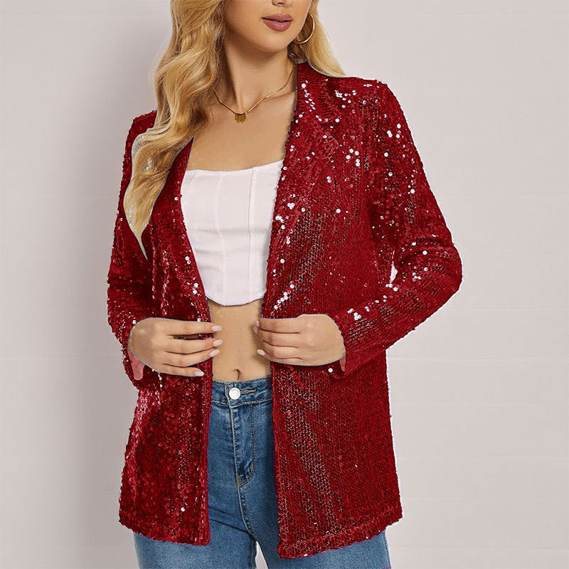 Blazer femme – Coupe structurée – Tissu scintillant à sequins – Manches longues – Ouvert