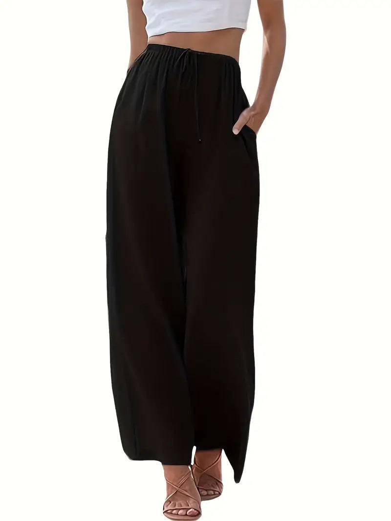 Pantalon femme large – Tissu respirant – Coupe décontractée – Taille à cordon – Poches