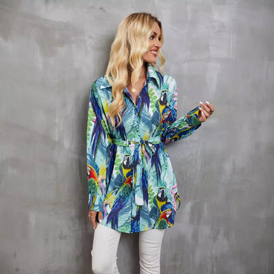 Chemise femme manches longues – Coupe décontractée – Motif tropical – Ceinture taille