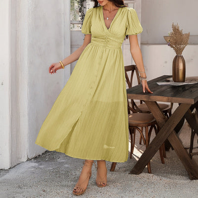 Robe longue femme – Tissu léger fluide – Taille haute – Manches courtes – Fente devant