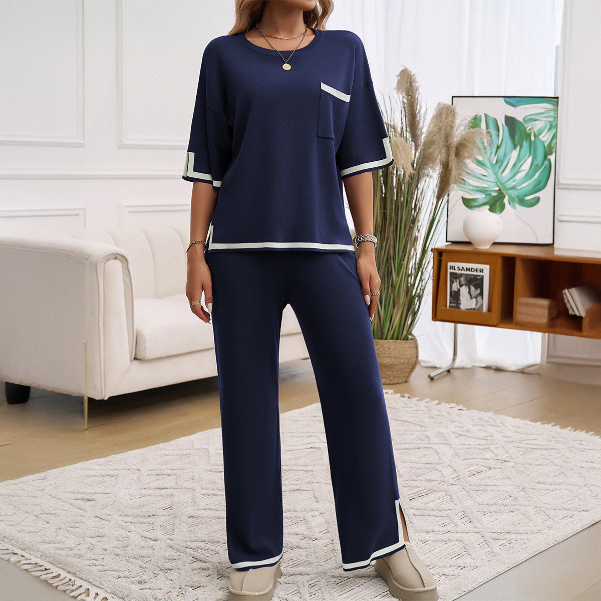 Ensemble Lounge Femme – Maille Douce – Coupe Ample – Pantalon Jambe Large – Finitions Contrastées